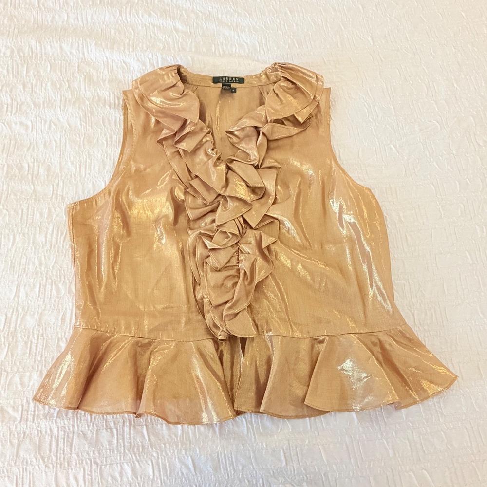 Lauren Ralph Lauren Gold Metallic Silk Blend Ruffle Peplum Blouse Top Size 16